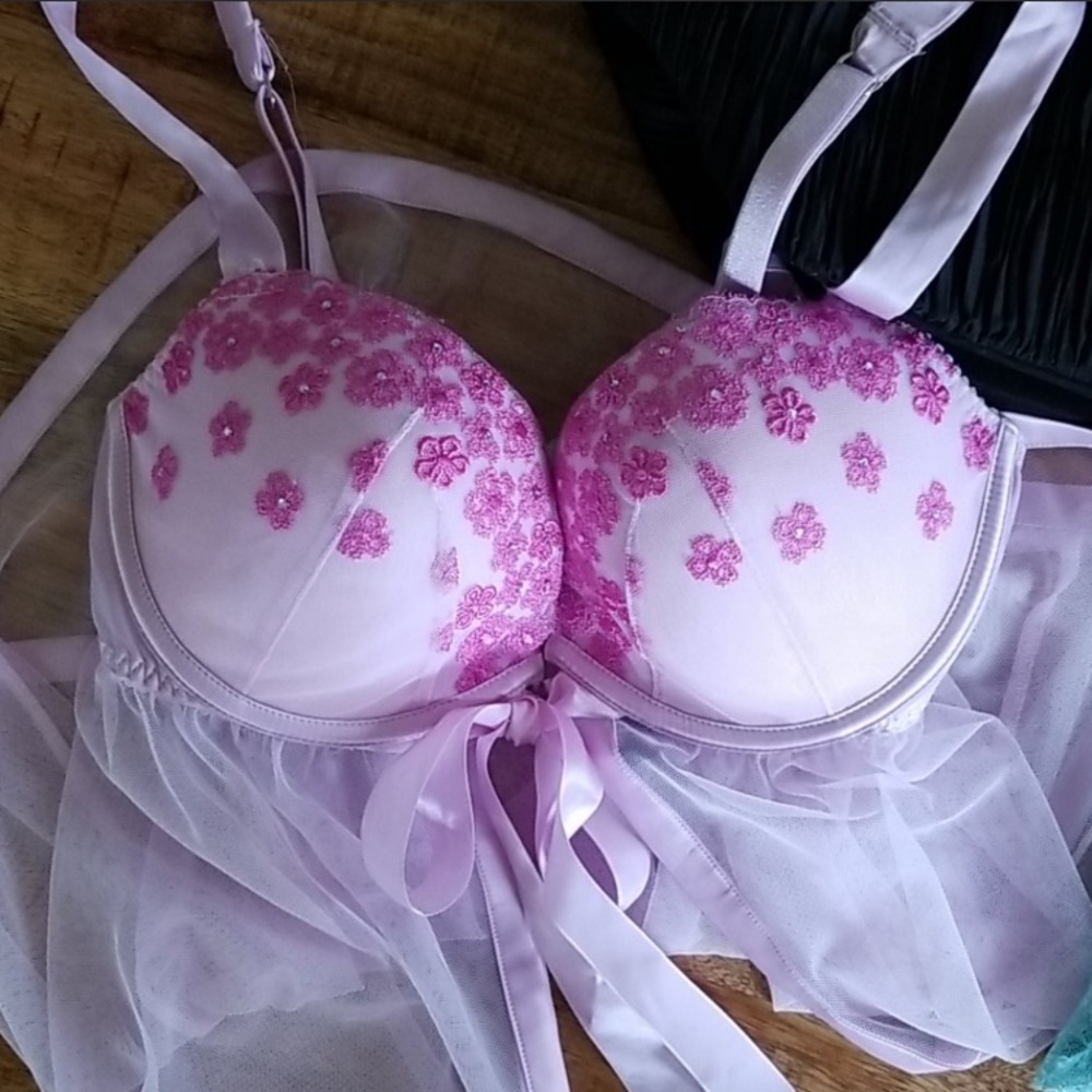 Lilac Pink Embroidered Floral Babydoll Chemise